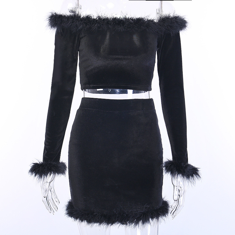 BKLD Black Velvet Sexy Fluffy Fur 2 Two Piece Set Women Off Shoulder Long Sleeve Crop Tops+Bodycon Mini Skirt Party Club Outfits 201012