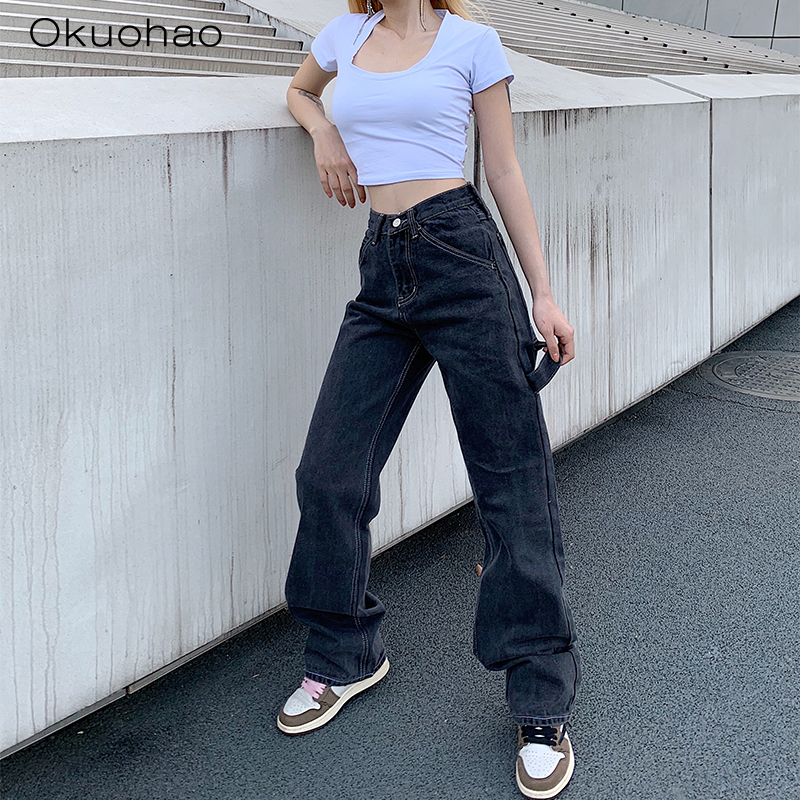 Street High Waist Straight Jeans Women Were Thin And Loose Casual Wide Leg Pants Fashion Boyfriend Style Denim Girlfriend Pants 201029