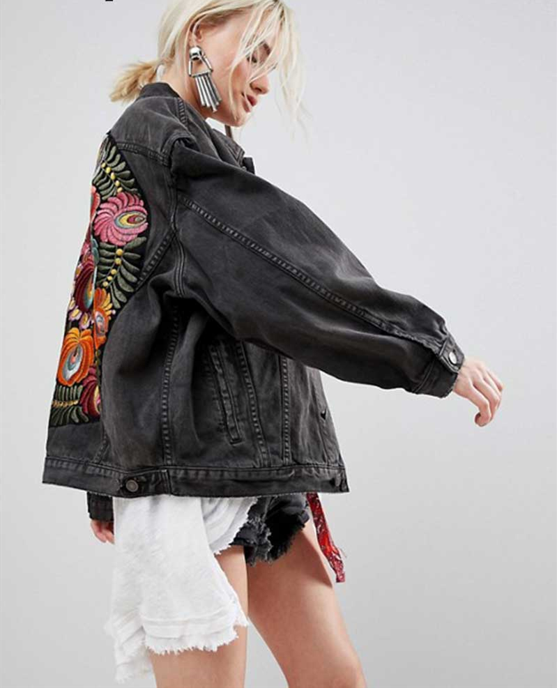 YI Boho Oversized multi floral Embroidered Denim Jacket outwear bohemian casual chic jacket coat women winter 201017