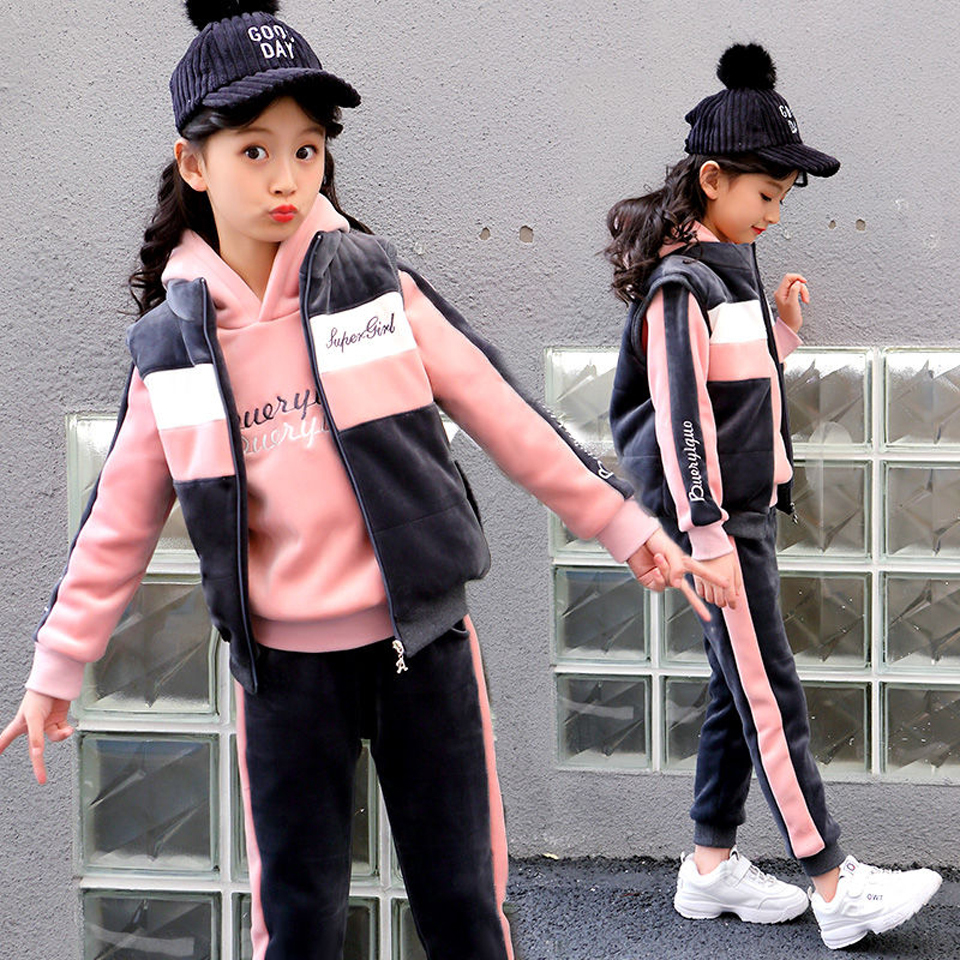 2019 Winter 3pcs Kids Thickening Hooded Vest+Sweater+Pant Sport Suits Baby Boys Girls Warm Fashion Set Children ClothingX1019