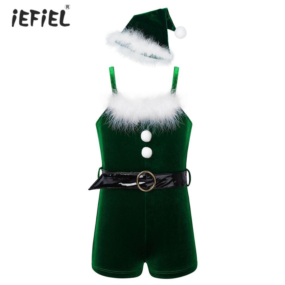 Christmas Clothes Kids Girls Santas Helper Dance Costume Velvet Leotard Jumpsuit Dance Biketard With Hat Christmas Party OutfitsX1019