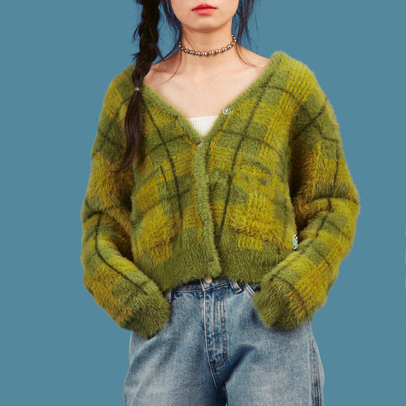 Vintage Synthetic Mink Cashmere Sweater Women Harajuku Lazy Oaf V-Neck Single-breasted Ladies Fluffy Plaid Knitted Cardigan Y200930