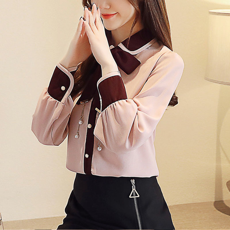 Autumn Fashion Women Chiffon Blouses Long Sleeve Beading Women Tops Casual Bow Office Lady Women Clothing 6161 50 201126
