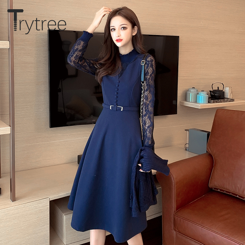 Trytree Autumn Winter Women Dress Casual Turtleneck Shawl Lace Patchwork Button Belt 2 Colour A-line Fashion Knee-Length Dress 201125