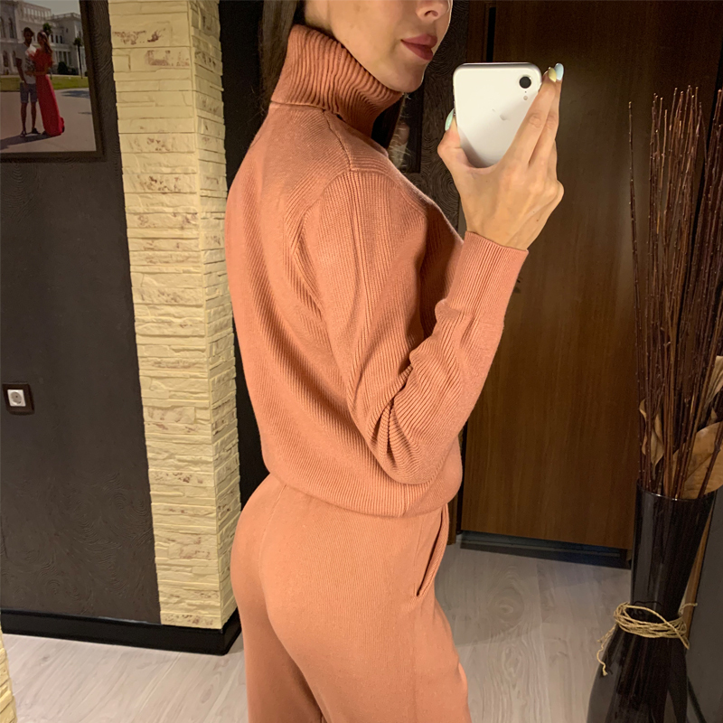 GIGOGOU Women Sweater Suits Track Costumes 2 Piece Sets Autumn Winter Thick Turtleneck Pullover Top Soft Female Jumper Pull Femm 201017
