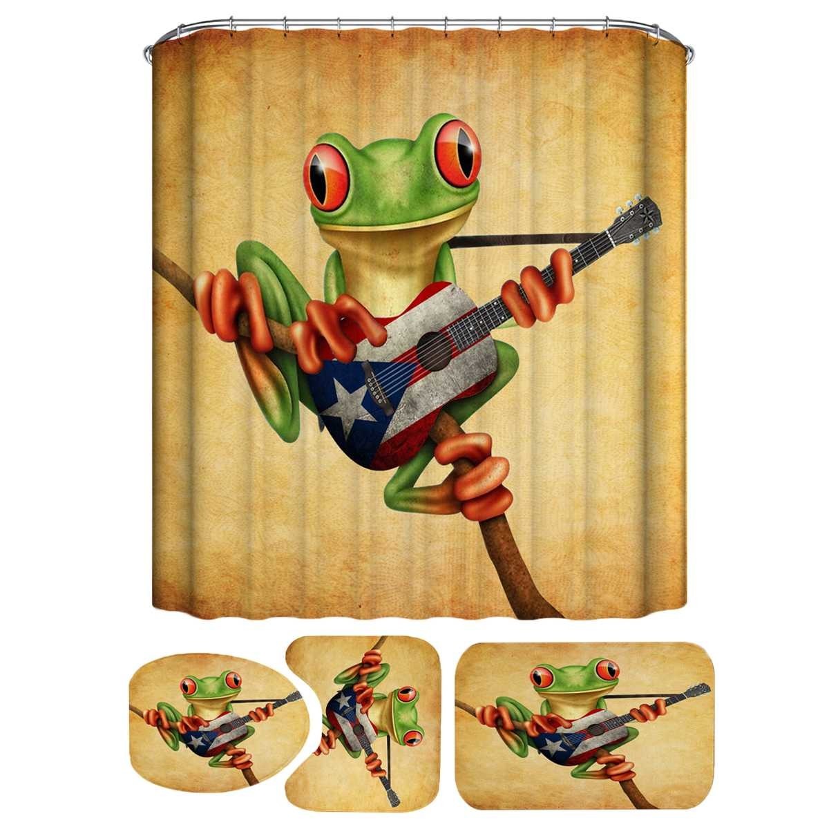 Animals Frogs Playing Guitar Shower Curtain Waterproof Bathroom Curtains Rug Lid Toilet Cover Polyester Bath Mat Set Home Decor T200711
