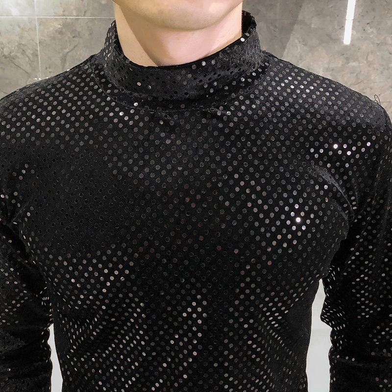 Fashion Autumn T-shirt Men Clothing Hot Sale Sequins T Shirts Mens Long Sleeve All Match Comfortable Knitted Turtleneck 5XL 201202