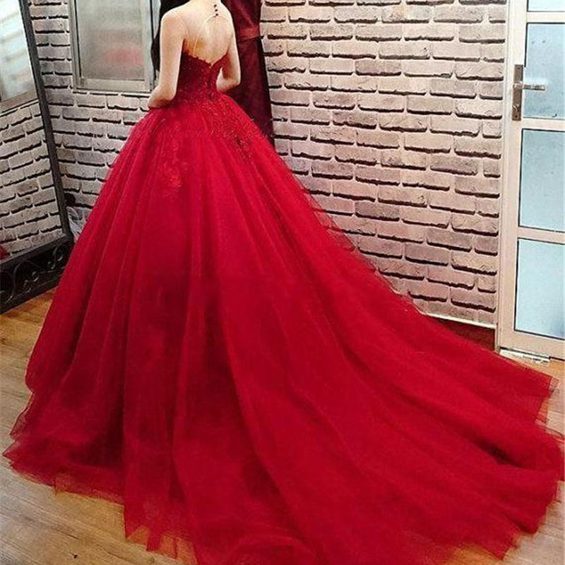 New Long Dark Red Ball Gown Evening Dress Lace Appliques Beads Tulle Puffy Floor Length Formal Prom Party Gowns Custom Made