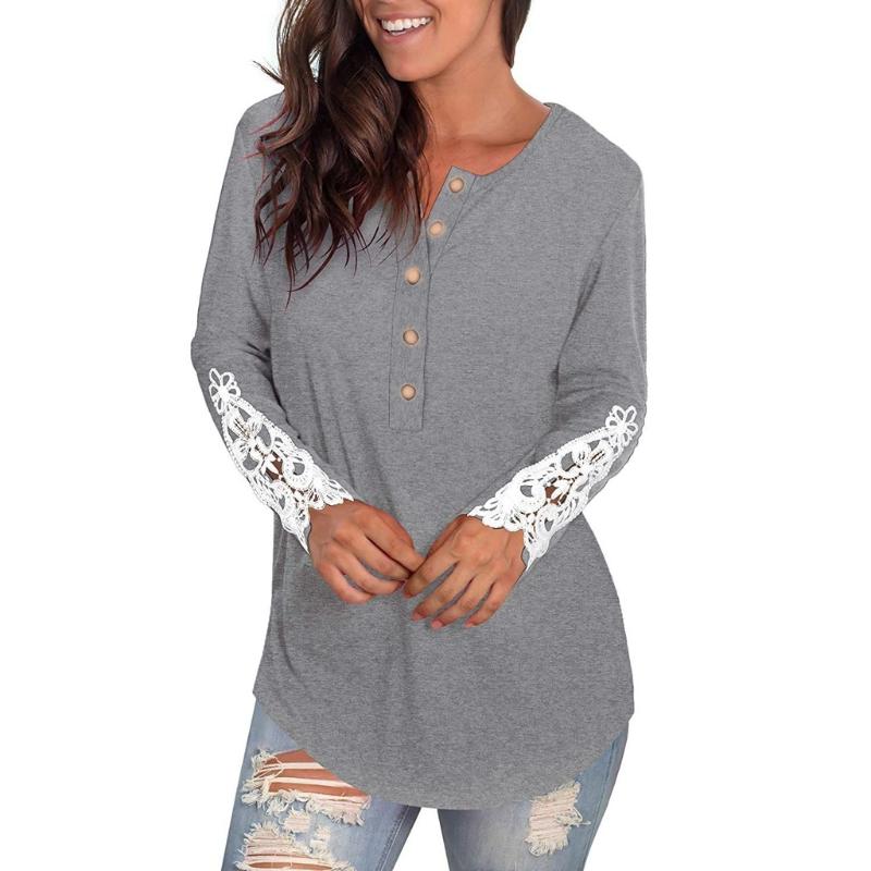 Womens Blouse Long Sleeve O Neck Solid Color Lace Buttons Henley-shirts Tunic Tops Blusas Elegantes Fall Clothes For Women @47, Gray
Womens Blouse Long Sleeve O Neck Solid Color Lace Buttons Henley-shirts Tunic Tops Blusas Elegantes Fall Clothes For Women @47, Gray