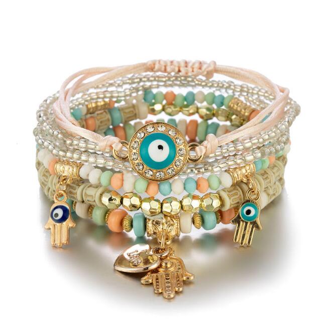 Kabbalah Fatima Hamsa Hand Evil Eye Charms Bracelets & Bangles Multilayer Braided Handmade Beads Pulseras For Women Men GD1223