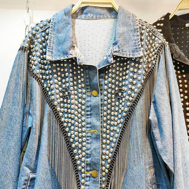 Boho Inspired blue Denim jacket with fringes long sleeve loose casual denim jacket for women autumn winter jacket women outwear