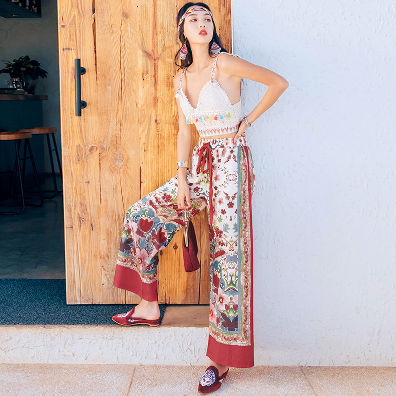 Women summer chiffon pants floral printing loose trousers for fashion lady T200422
