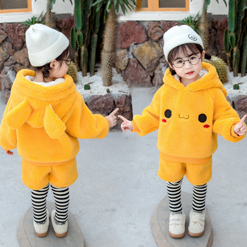 High-end Warm Girls Clothing Sets Winter Flannel Thicken Children Clothing Plus thick velvet Sweatshirts+ Pants 2PCS Toddler SuiX1019