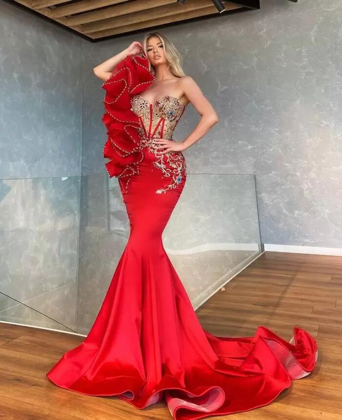 Aso Ebi Red Luxurious Mermaid Prom Dresses Beaded Crystals Stylish fishtail Evening Formal Party Second Reception Gowns Dress