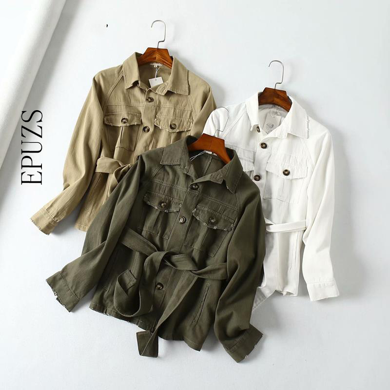 vintage khaki cargo denim jacket women casual sashes pocket bomber jacket autumn winter coats and jackets 201029
