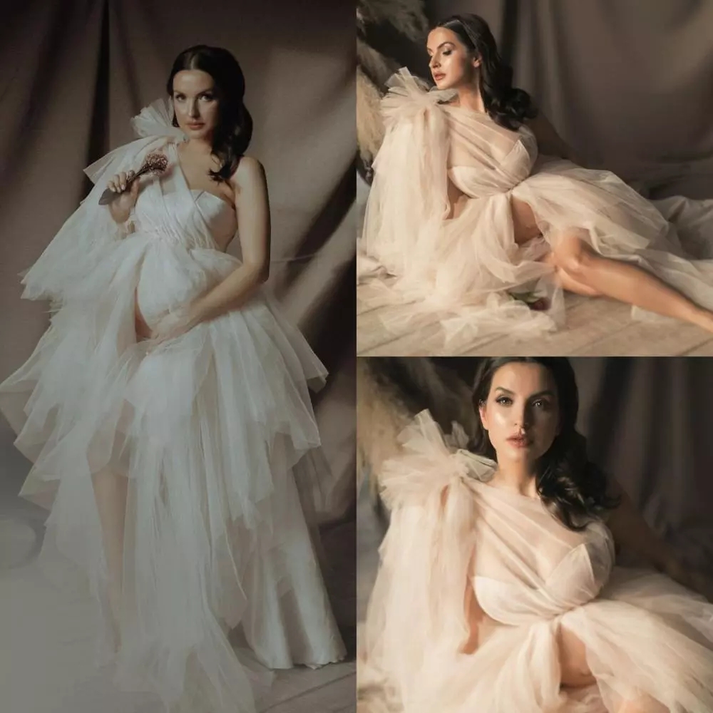 One Shoulder Maternity Dresses Lace Evening Gowns for Photoshoot Boudoir Lingerie Tulle Robe Bathrobe Nightwear Jackets Babydoll