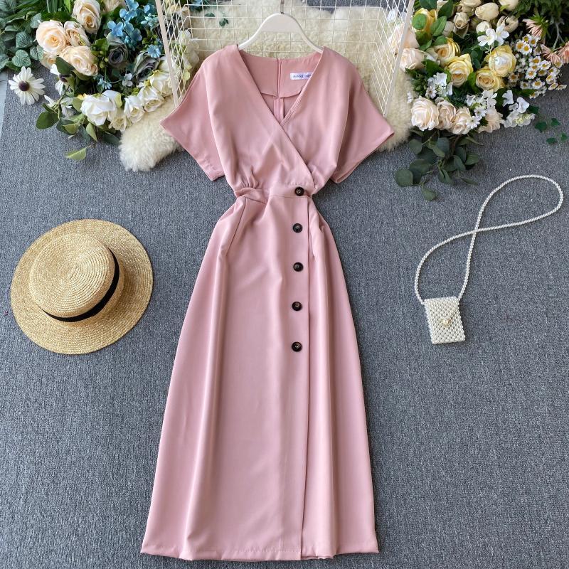 Vintage Slim V Neck Button Dresses Summer Midi Long Dress Vestido De Festa Party Evening Women Casual Elegant Vestidos T200620