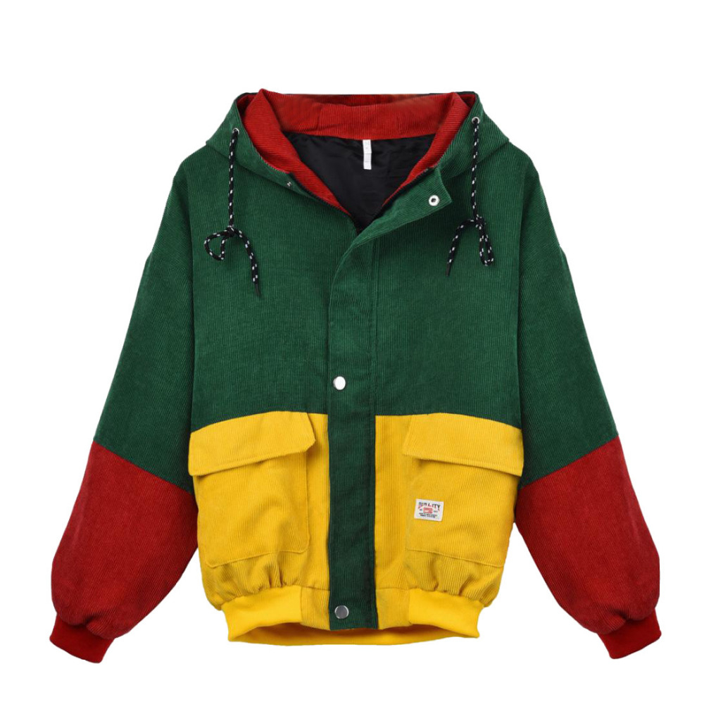 Feitong Harajuku Style Women Winter Warm Color Block Hooded Corduroy Jacket Long Sleeve Patchwork Oversize Zipper Jacket T200319