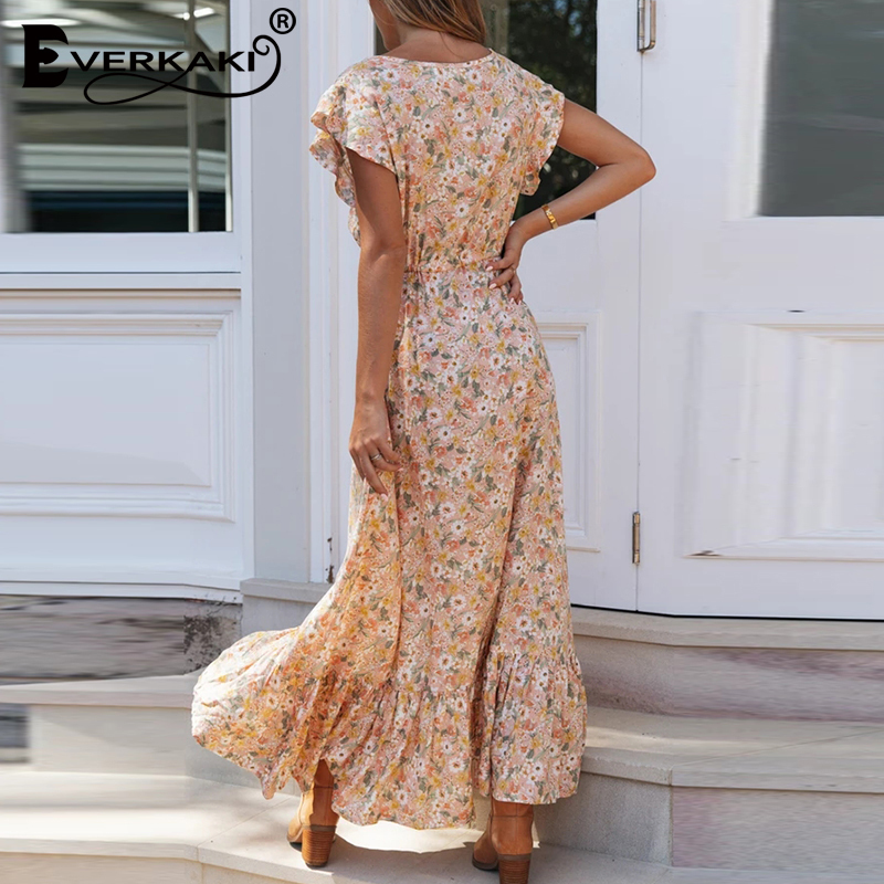 Everkaki Floral Print Long Dress Boho Summer Vestidos Buttons Sashes Ladies Gypsy Maxi Dresses Casual Female Spring New T200603