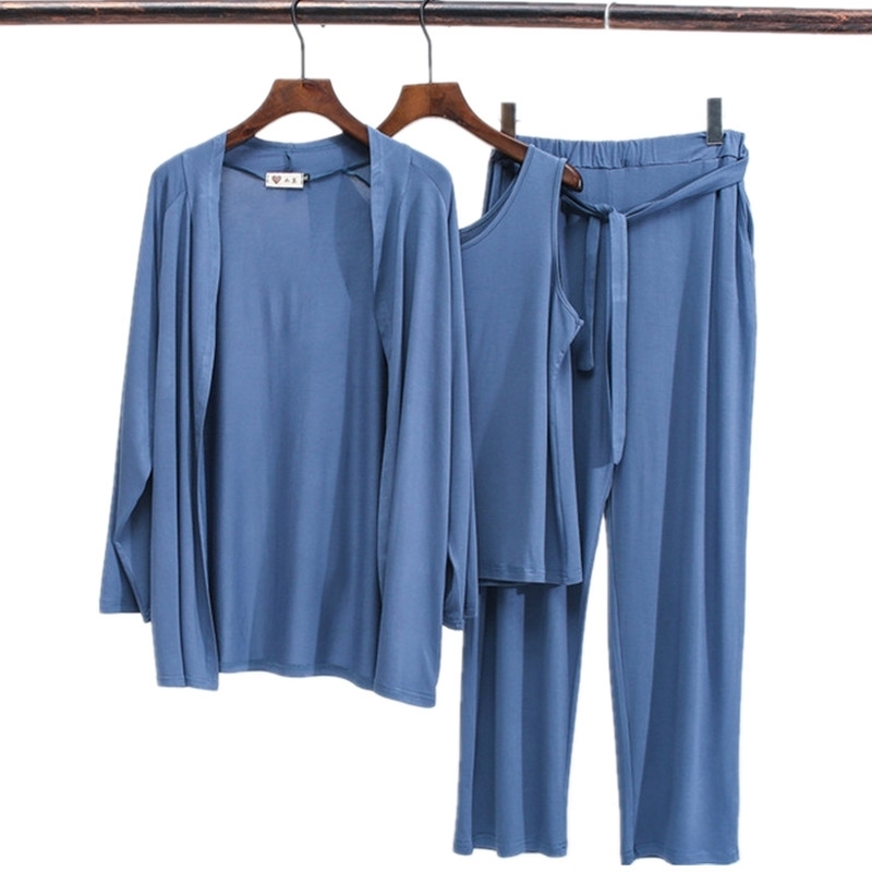 Autumn 3 Pieces Set Long Sleeve Modal Atoff Home Women's Loose Casual Pajamas Autumn Soft Home Cloth Plus Size Loose Sleepwear 201113