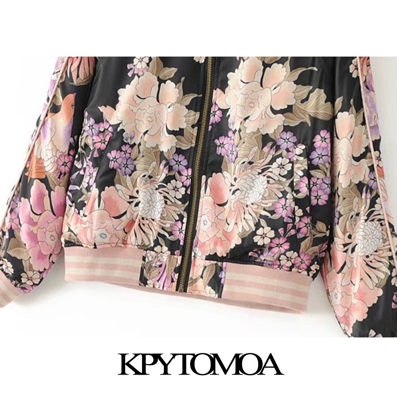 KPYTOMOA Women Boho Fashion Floral Print Bomber Jacket Vintage O Neck Long Sleeve Female Outerwear Chic Tops 201017
