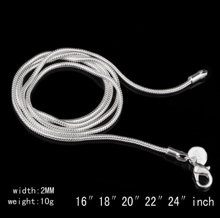 2MM 925 Sterling Silver Snake Chains Lobster Clasps Necklaces For women Men Jewelry Size 16 18 20 22 24 inches