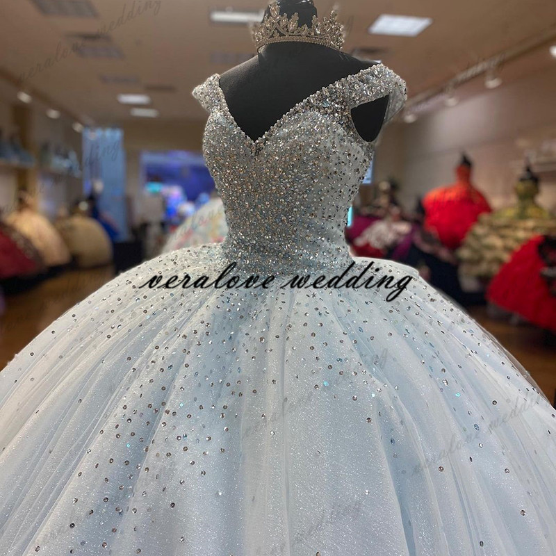 Light Blue Off Shoulder Beads Princess Quinceanera Dress Ball Gown Sweet 15 Party Gowns Appliques Lace Custom Mexican Prom Dress