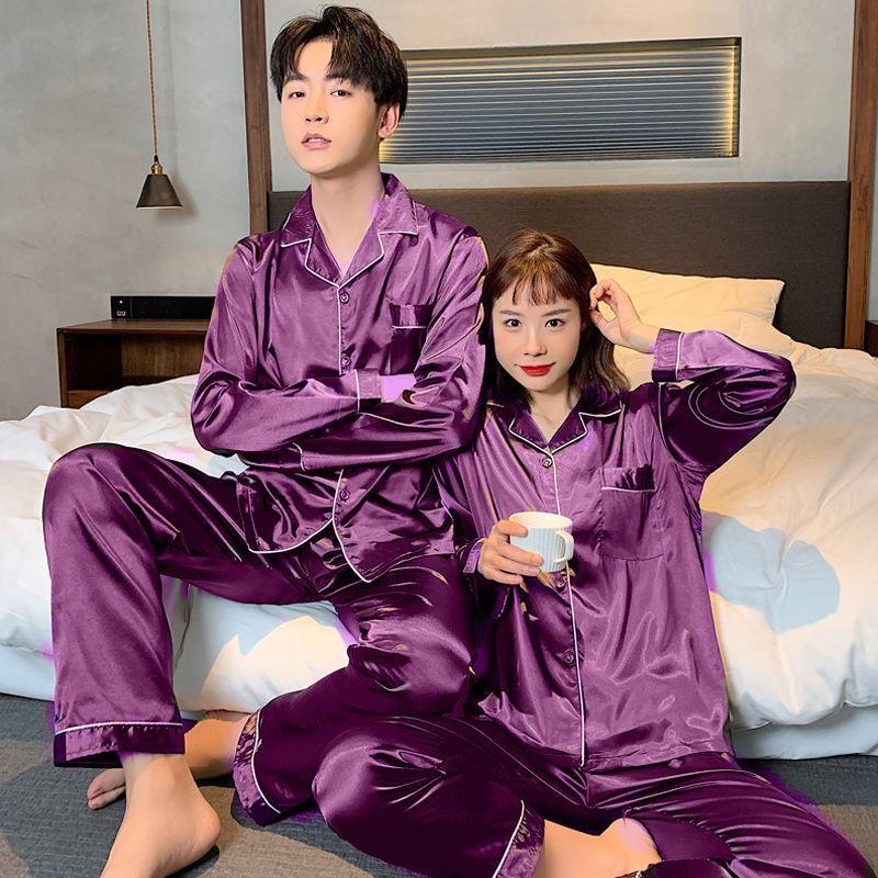 Navy Blue Men Satin Pajamas Set 2pcs Shirt &pants Plus Size Pyjamas Suit Long Sleeve Couple Sleepwear Nightwear 3xl 4xl 5xl