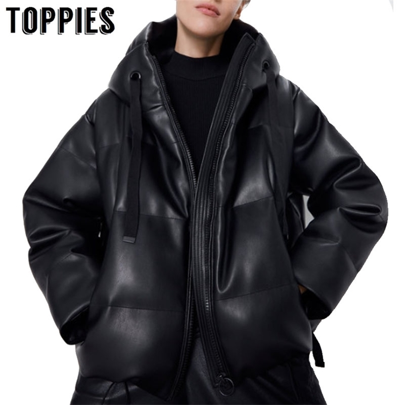 Faux Leather Winter Hooded Jacket Women Cotton-padded Parkas Zipper Thicker Warm Bread Coat European Clothing 201210