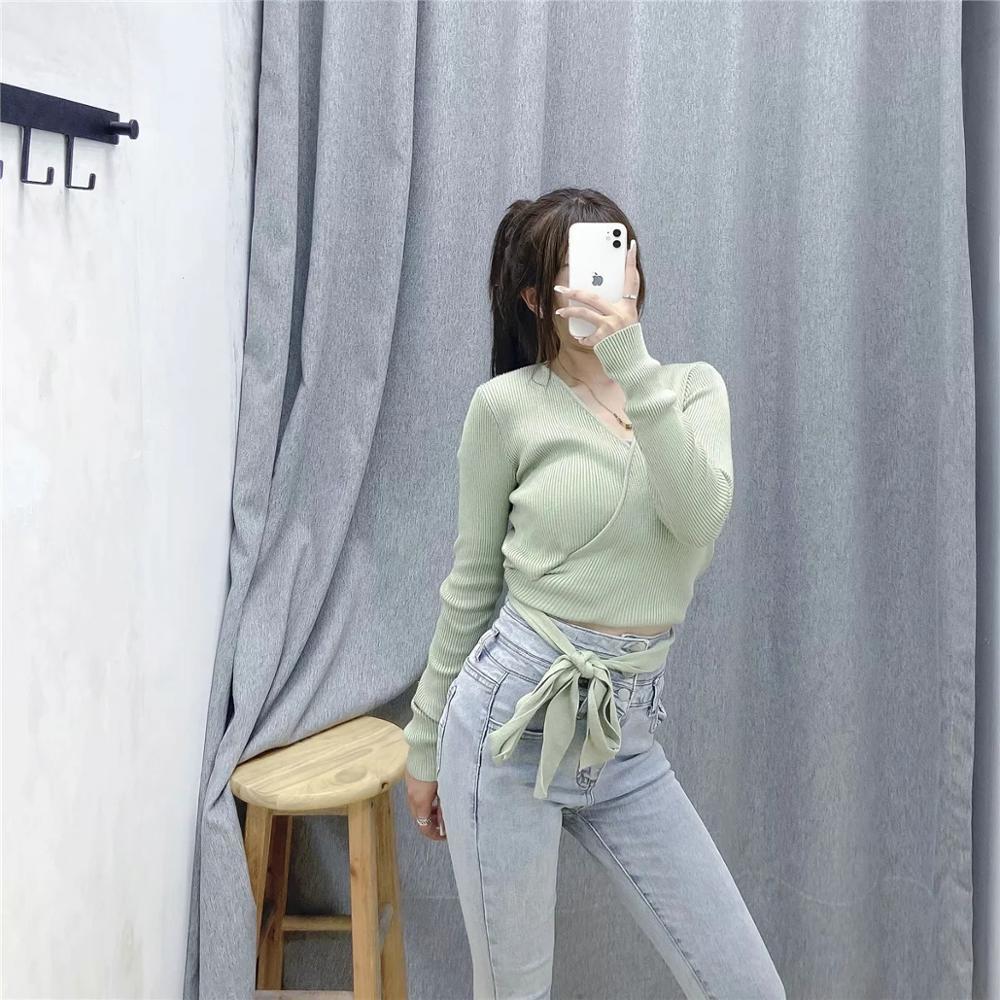 XNWMNZ Za women knit crossover top Long sleeve top with a crossover V-neckline tie fastening at the waist Female Chic Sweaters 201222