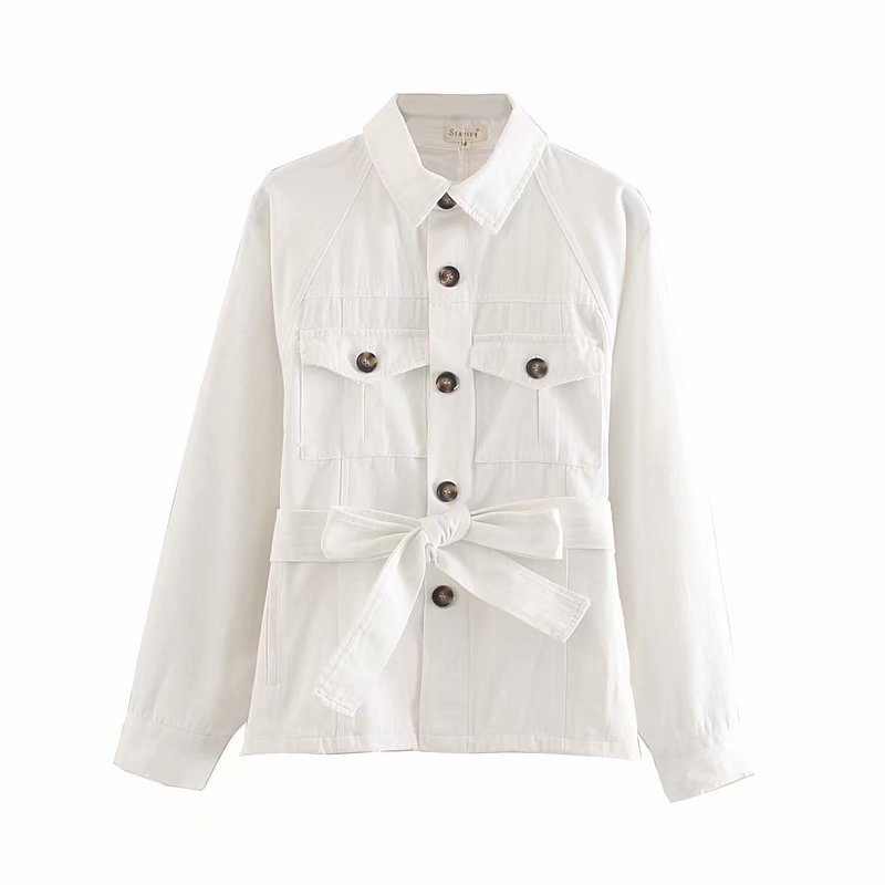 vintage khaki cargo denim jacket women casual sashes pocket bomber jacket autumn winter coats and jackets 201029