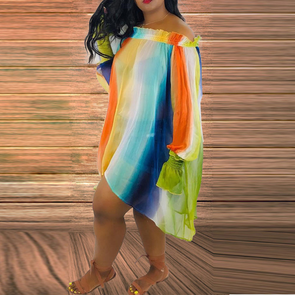 Casual Color Block Off Shoulder Long Sleeve Plus Size Dress Asymmetrical Oversize Summer Mini Dresses Short Striped Loose Robe LJ201202