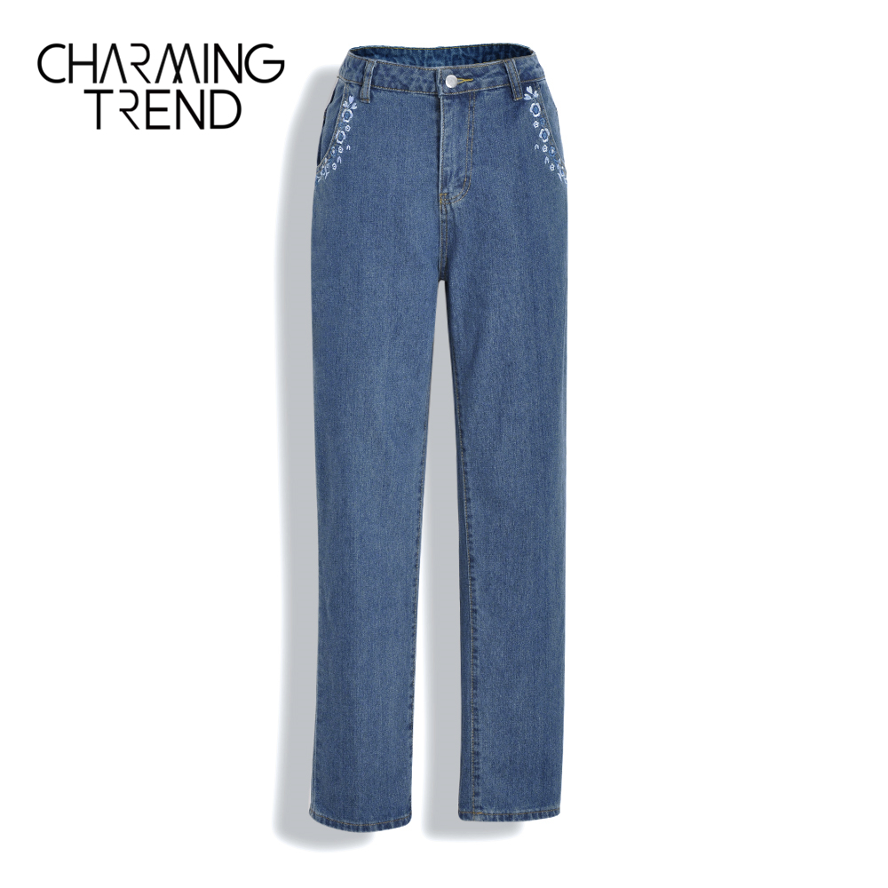 Charmingtrend Women's embroidered jeans Chic New mid-waist pocket Casual Denim pants straight girl jeans trousers blue 201106