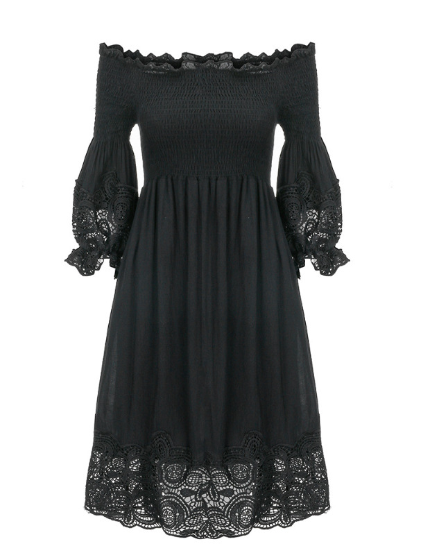 Little Black Short Prom Dress With Sleeves Lace Off The Shoulder Elastic Cotton Real Photos S M L XL XXL