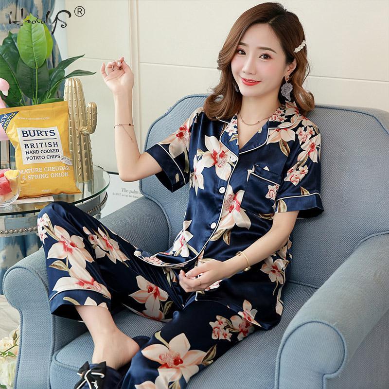 Floral Silk Pajamas Set Women Satin Sleepwear Short Sleeves Long Pants Sleep Suit Ladies Silk Pyjamas Home Clothing Nightwear 210203