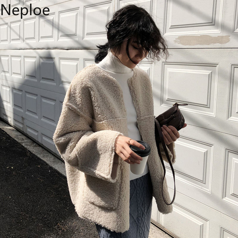 Neploe Wear on Both Sides Thicked Lamb Wool Coat Women Autumn Winter Korean Loose Patchwork Solid Jacket Simple 201029