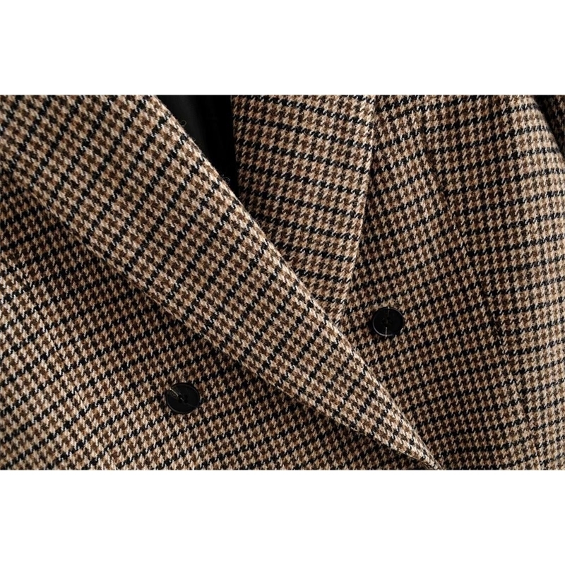 Winter Woolen Lattice Suit Jacket Ladies Office Blazer Double Breasted Loose Coat European Women Clothing 201030