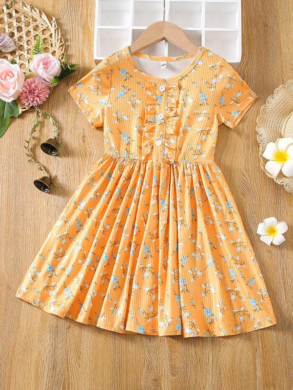 Toddler Girls Floral Print Frill Trim Dress SHE01