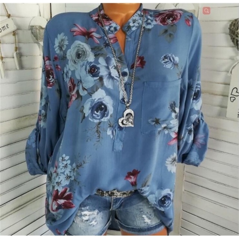 5XL Plus Size Summer Tops Women Blouses Long Sleeve Print Stand Collar Button Blouse Pullover Women's Clothing Shirt Blusa 201028