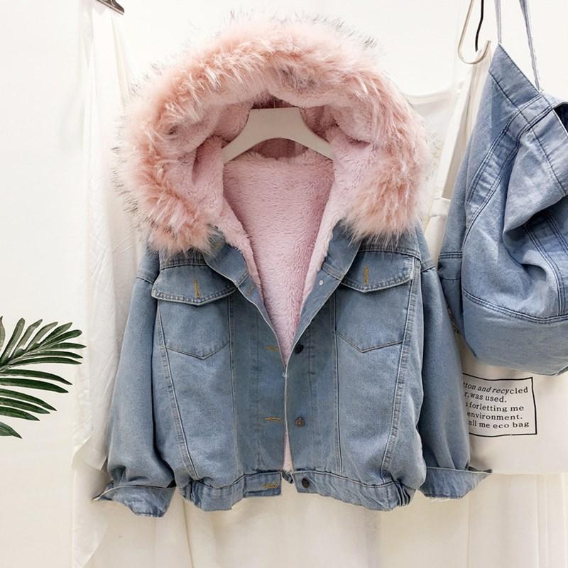 BEFORW Women Warm Denim Jacket With Fur Collar Jean Coat Jacket Slim Hooded Coat Autumn Winter Thick 2020 bomber