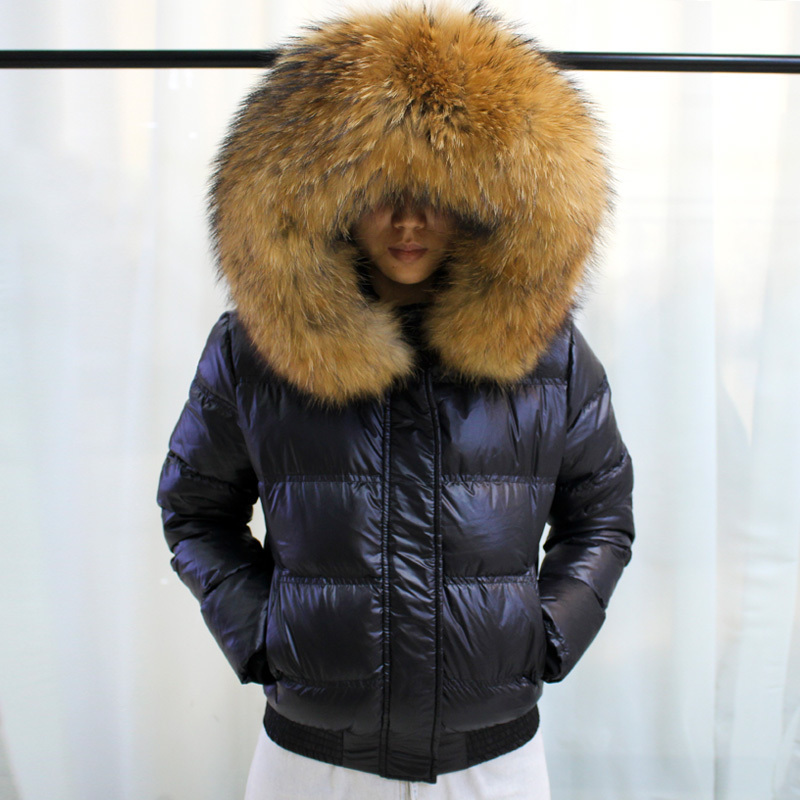 Janveny Waterproof Down Coat Winter Women Puffer Shiny Jacket Natural Raccoon Fur Hooded Short 90% White Duck Down Parkas 201019