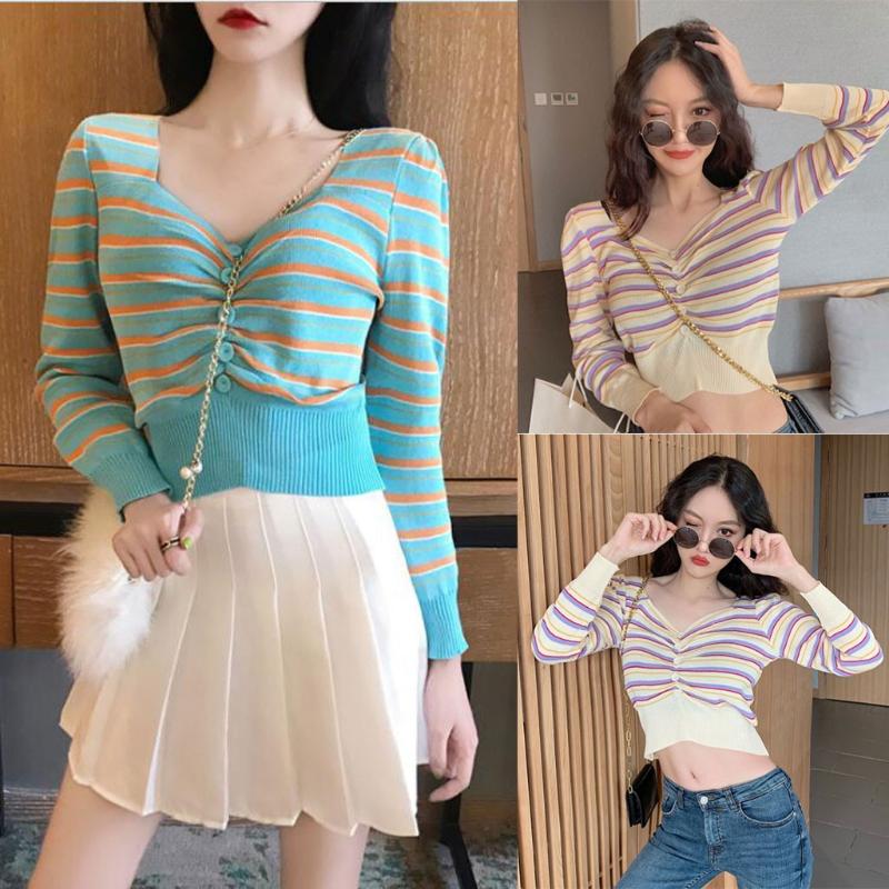 Ladies casual spring and autumn fashion knitted V-neck sexy top long sleeve striped pleated button slim sweater women, Bu
Ladies casual spring and autumn fashion knitted V-neck sexy top long sleeve striped pleated button slim sweater women, Bu