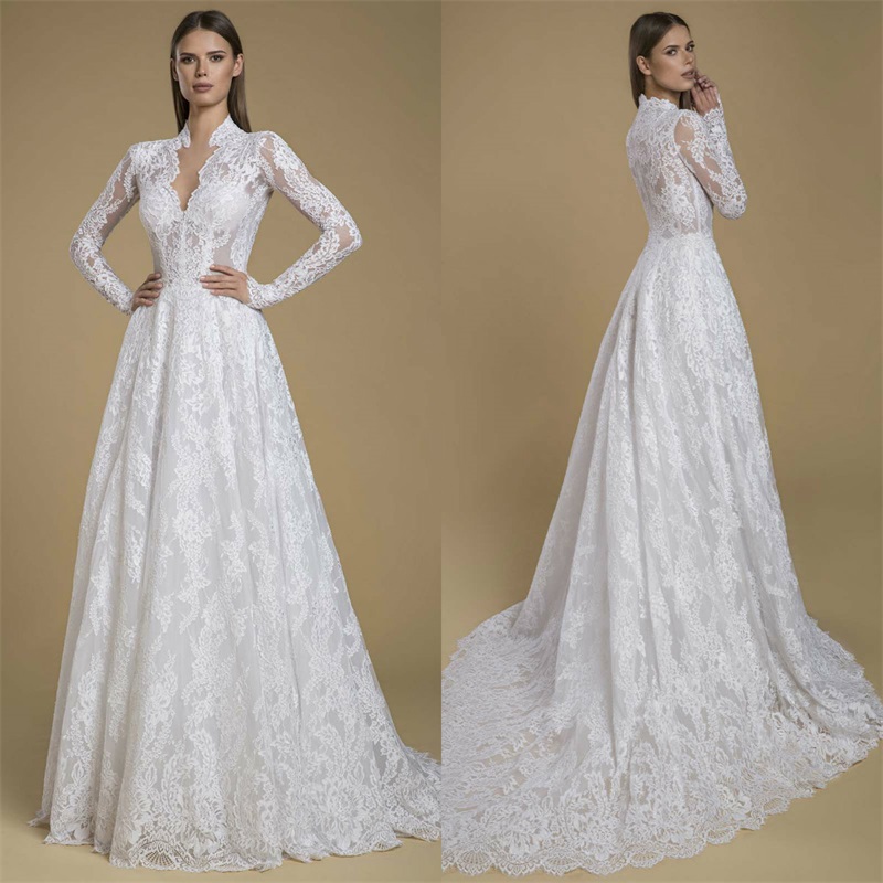 Fall Winter A Line Wedding Dresses Long Sleeves Full Appliqued Lace Country Bridal Gowns Custom Made Robes De Mariée Sweep Train