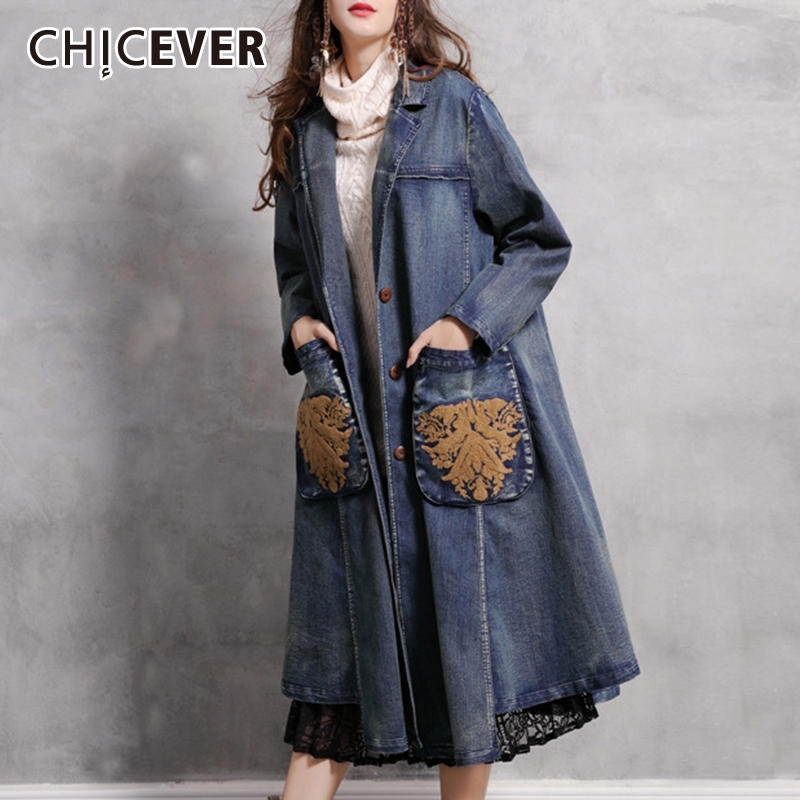 CHICEVER Vintage Patchwork Pocket Women's Trench Lapel Collar Long Sleeve Oversize Loose Asymmetric Coat Female Clothes New 201102