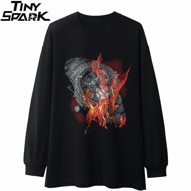 Hip Hop Mens Streetwear Washed T-shirt Cotton Burning Watch Fire Flame T-shirt Harajuku Autumn Long Sleeve Loose Tops Tees 201202