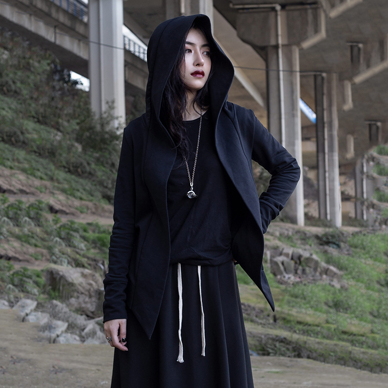 EAM Spring Autumn Hooded Long Sleeve Black Personality Irregular Hem Short Jacket Women Coat Fashion JR379 201017