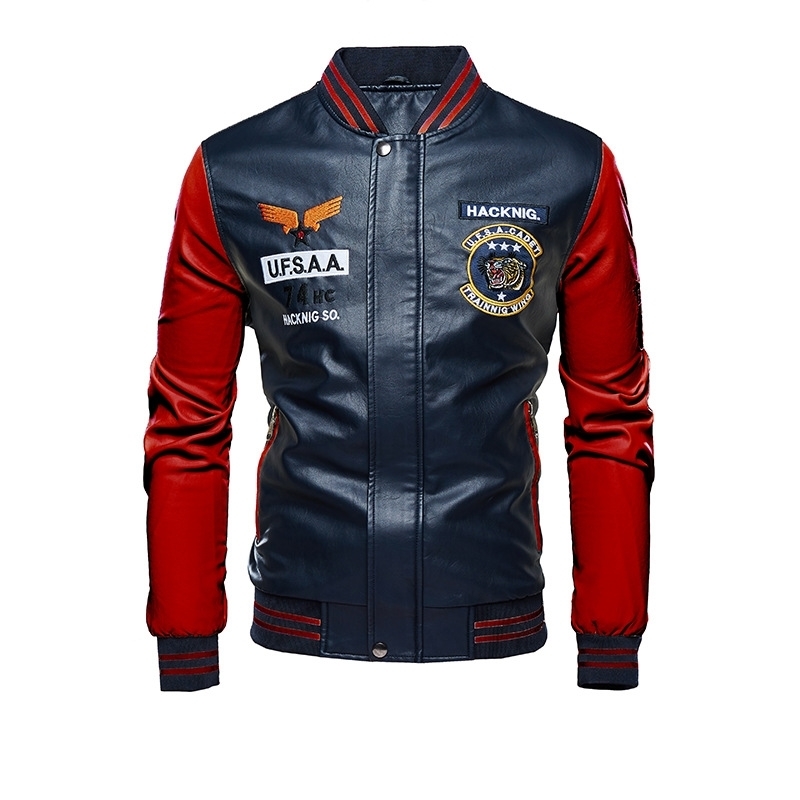Leather Jacket Men Bomber Baseball Jacket Biker Pu Coat Faux Pilot Fleece College Top Leather Black Slim Fit Motorcycle 201119