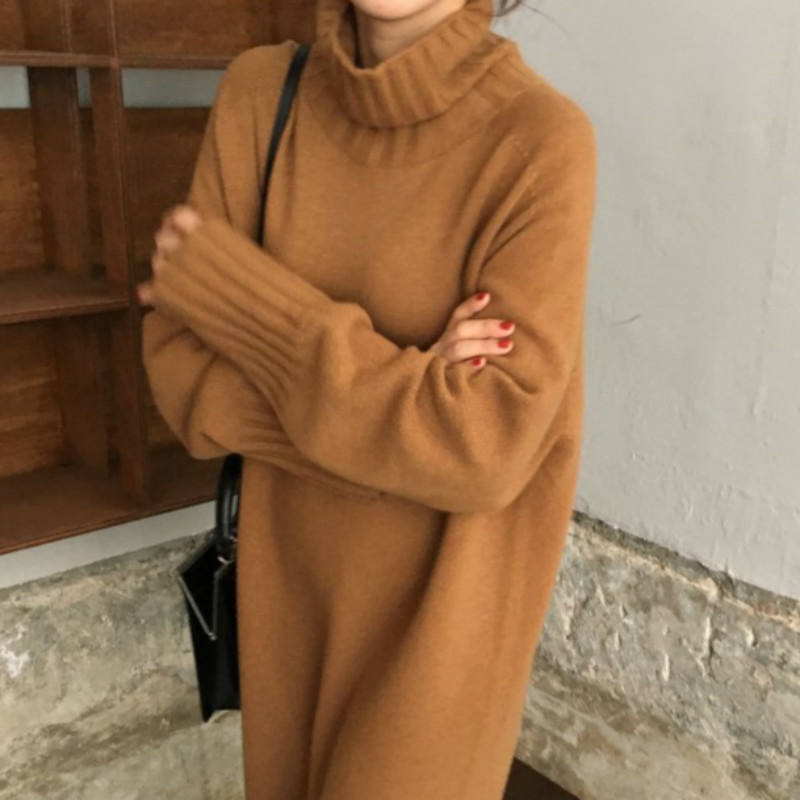 Women Autumn Winter thick Turtleneck long Sweater Dress ladies Long Sleeve straight split Knitted pullover dresses solid 201029