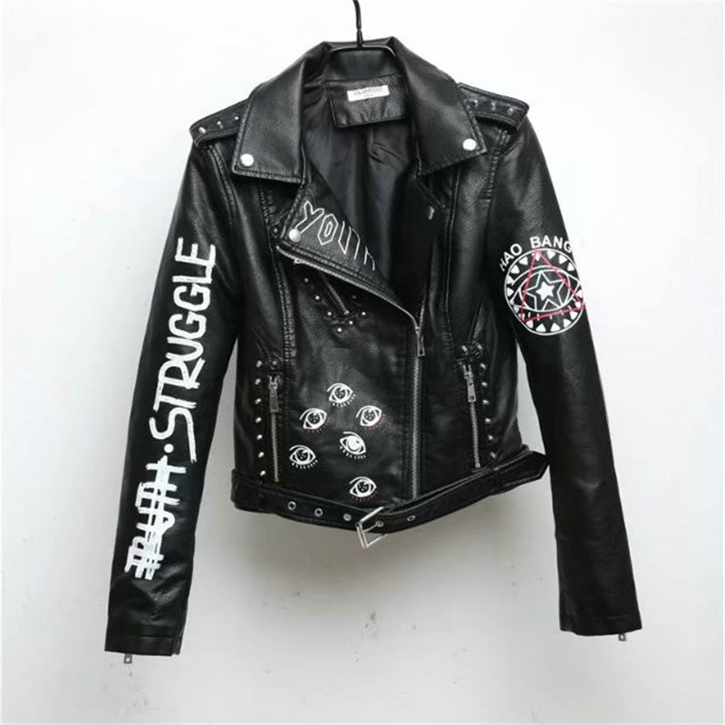 New Women Autumn Winter Faux Soft Leather Jackets Coats Lady Black PU Rivet Zipper Epaulet 3D print Motorcycle Streetwear 201106
New Women Autumn Winter Faux Soft Leather Jackets Coats Lady Black PU Rivet Zipper Epaulet 3D print Motorcycle Streetwear 201106