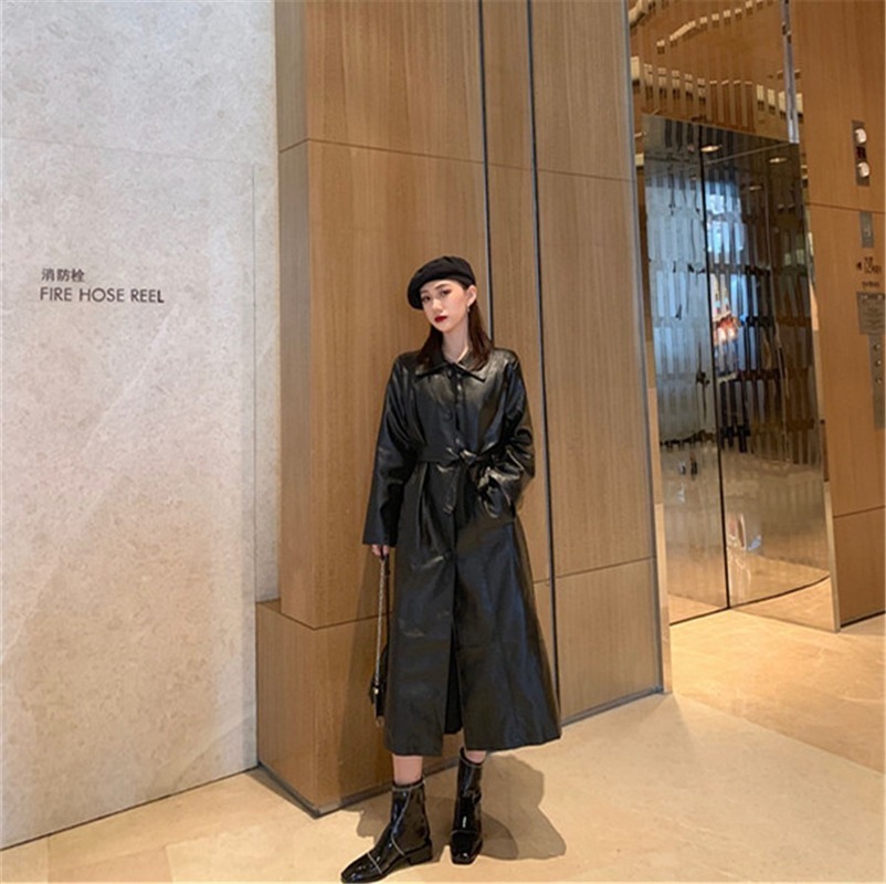 GOOHOJIO Cool PU Leather Long Jacket Fashion Women Jacket Loose Belt PU Leather Windbreaker Trench Women Coat Slim Autumn 201020